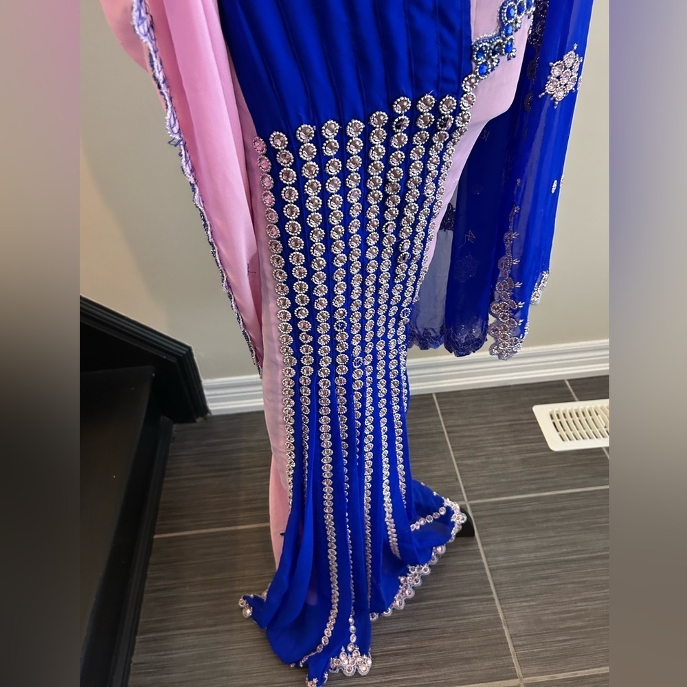 Blue & Blush Pink Embellished Saree with Ready-Made Blouse - Picture 8 of 9